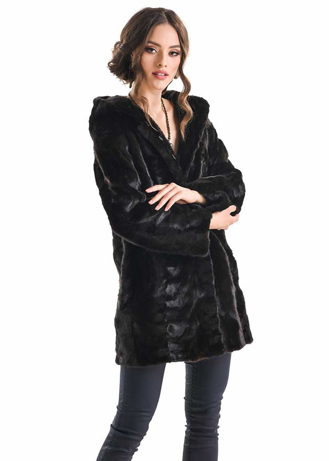 Dark Brown Hooded Genuine Mink Fur Coat with Leather Belt-2