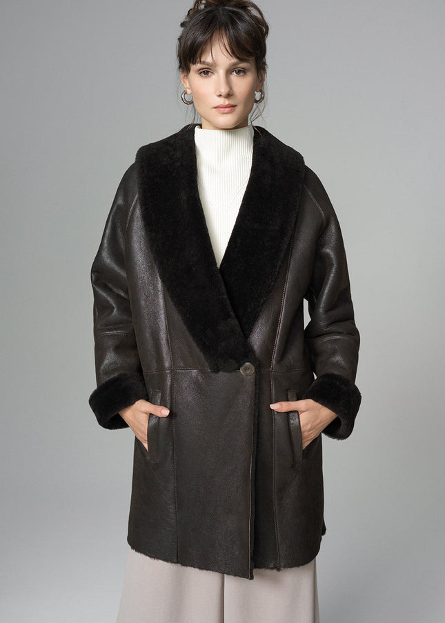 Dark Brown Lambskin Midi Coat with Merino Fur Collar-0