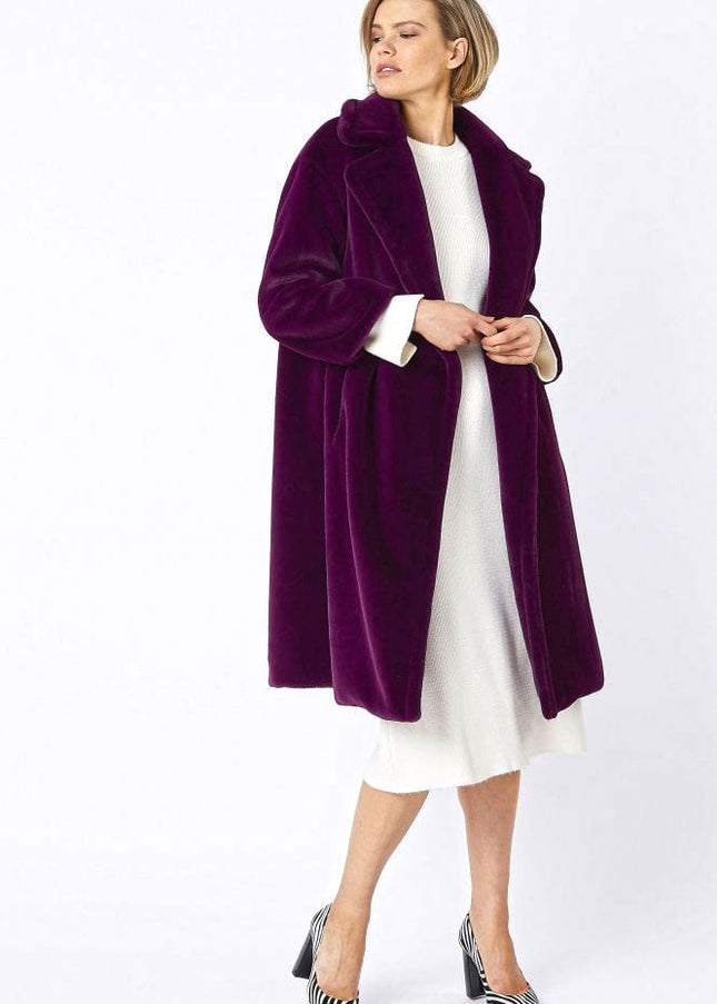 Deep Purple Faux Fur Midi Shaved Shearling Coat-1