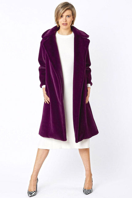 Deep Purple Faux Fur Midi Shaved Shearling Coat-0