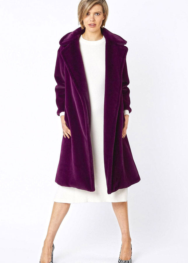 Deep Purple Faux Fur Midi Shaved Shearling Coat-0