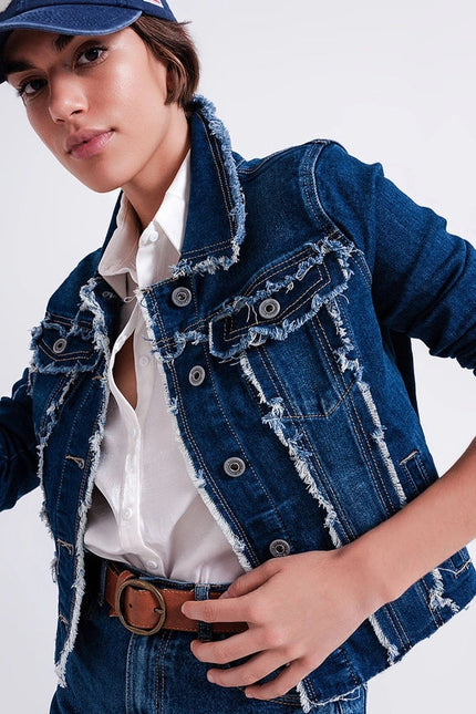 Denim Jacket with Frayed Design and Unfinished Hem