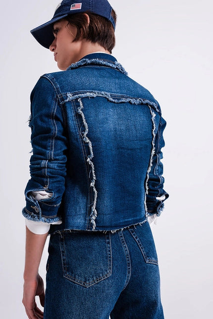 Denim Jacket with Frayed Design and Unfinished Hem