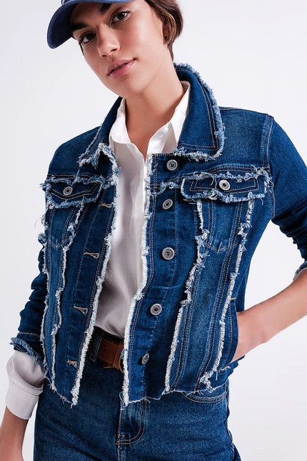 Denim Jacket with Frayed Design and Unfinished Hem