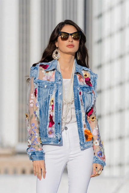 Denim Lace Jacket with Floral Embroidery