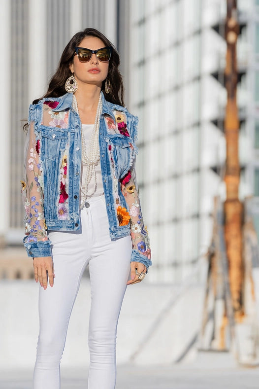 Denim Lace Jacket with Floral Embroidery