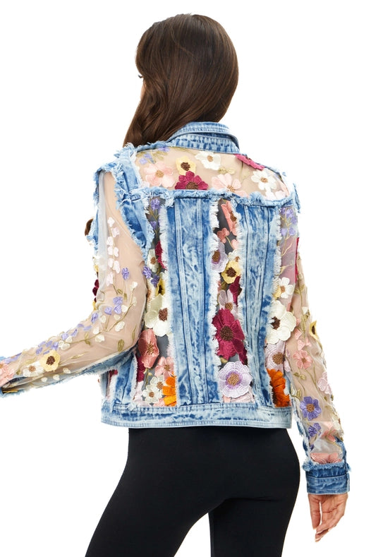 Denim Lace Jacket with Floral Embroidery