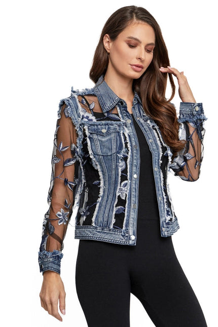 Denim Mesh Jacket with Floral Embroidery