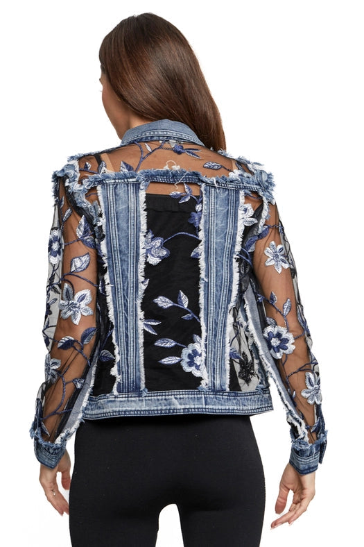 Denim Mesh Jacket with Floral Embroidery