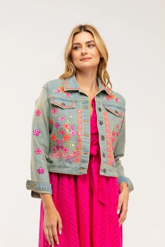 Denim Jacket With Embroidered Appliques, Rhinestones And Coin Detail