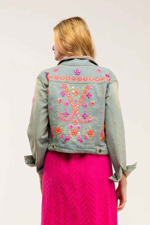 Denim Jacket With Embroidered Appliques, Rhinestones And Coin Detail