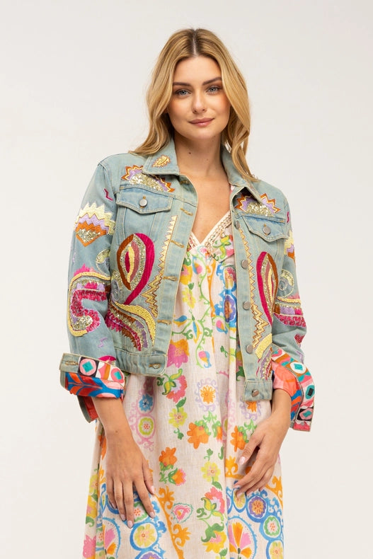 Denim Jacket With Embroidered Details, Rhinestones And Sequins With Printed Lining