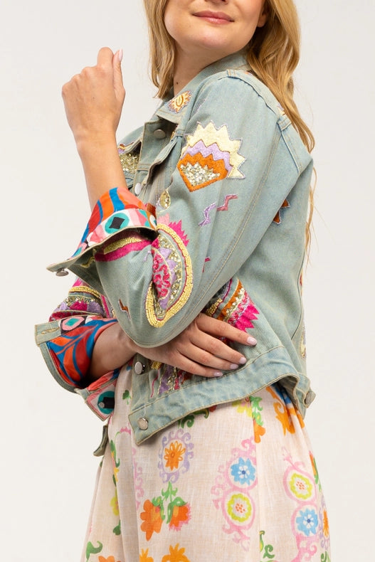 Denim Jacket With Embroidered Details, Rhinestones And Sequins With Printed Lining