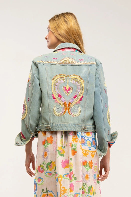 Denim Jacket With Embroidered Details, Rhinestones And Sequins With Printed Lining