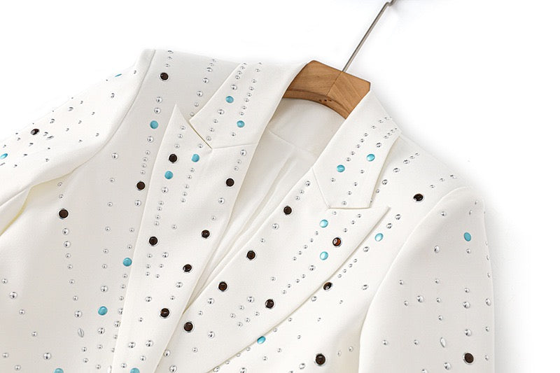 Diamond-Embellished White Slim Fit Suit Jacket