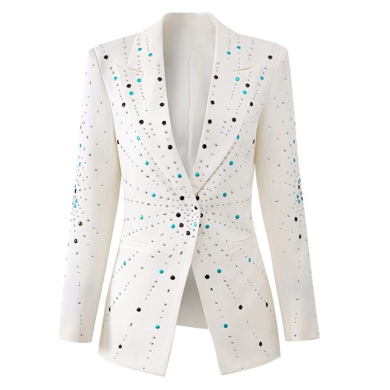 Diamond-Embellished White Slim Fit Suit Jacket