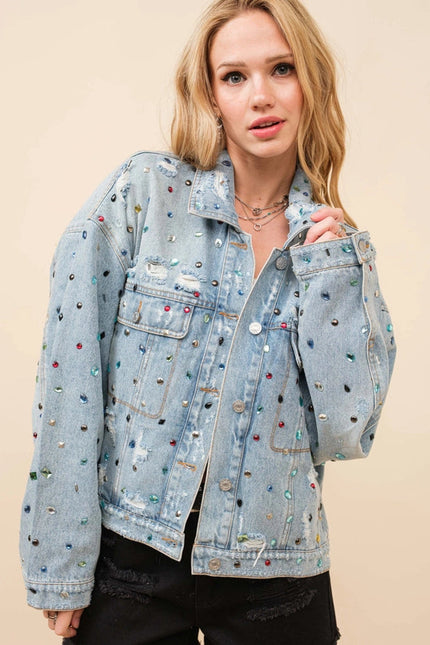 Distressed Jewel Embellish Stone Denim Jacket