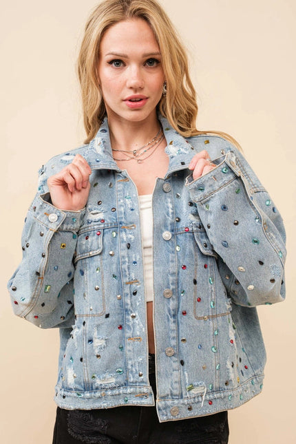 Distressed Jewel Embellish Stone Denim Jacket