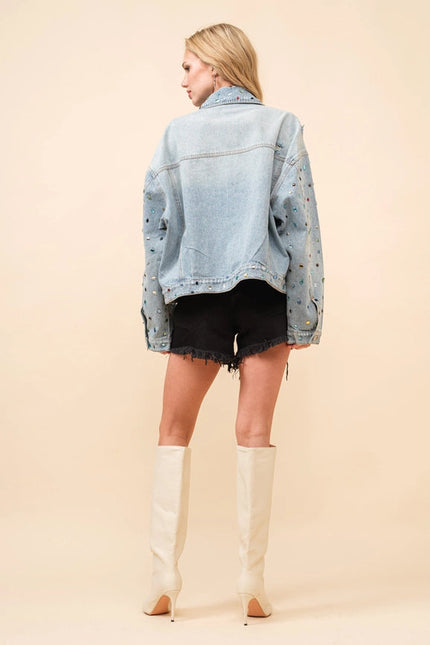 Distressed Jewel Embellish Stone Denim Jacket