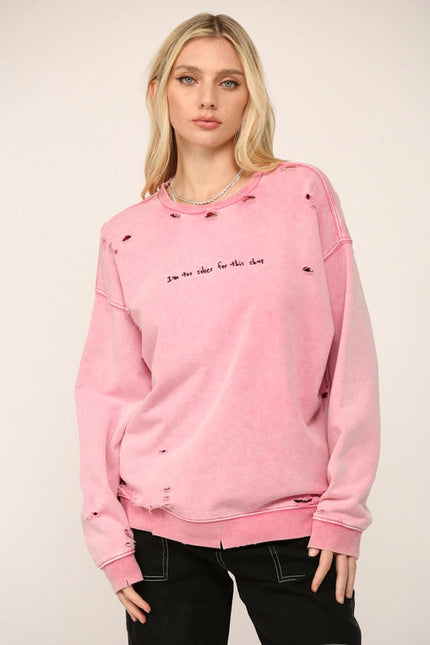 Distressed Sweat Shirt W Embroidered Verbiage