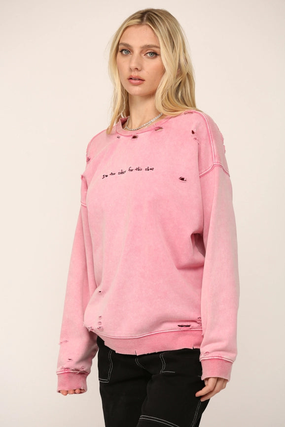 Distressed Sweat Shirt W Embroidered Verbiage