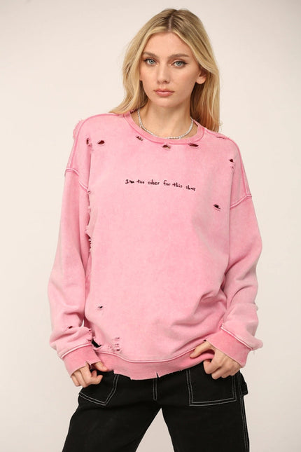 Distressed Sweat Shirt W Embroidered Verbiage