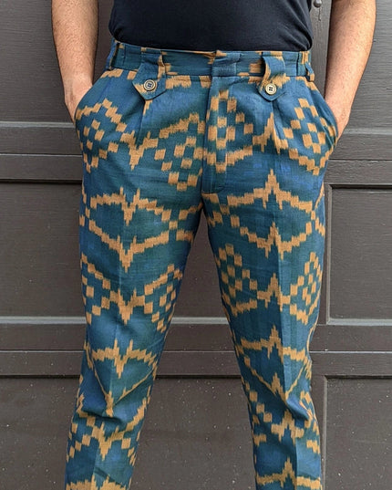 Disturbia - Teal Blue Slim Fit Handwoven Ikat Pants-Pants-Pali-XS-Urbanheer