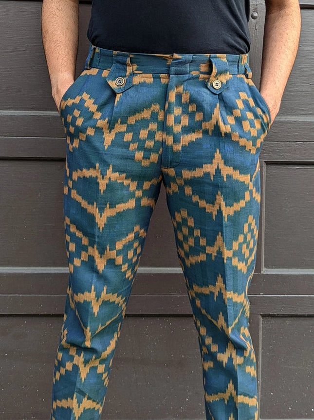 Disturbia - Teal Blue Slim Fit Handwoven Ikat Pants-Pants-Pali-XS-Urbanheer