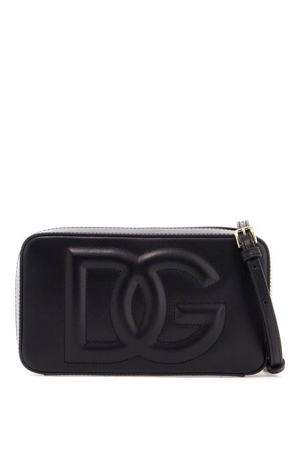 Dolce & Gabbana black calfskin shoulder bag with embossed logo and adjustable strap