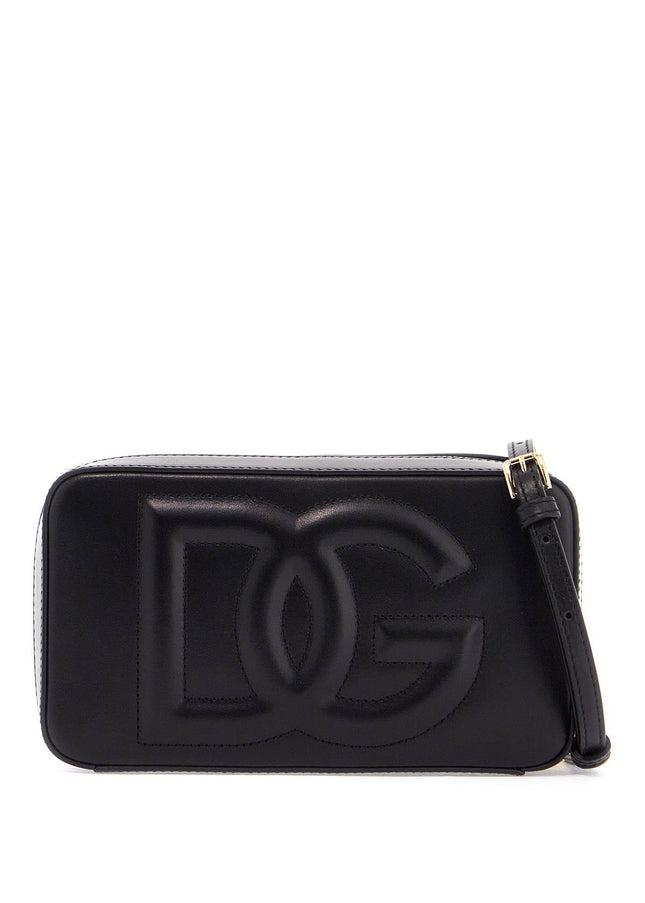 Dolce & Gabbana black calfskin shoulder bag with embossed logo and adjustable strap