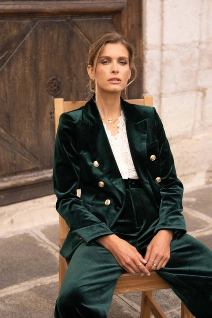 Double-Breasted Velvet Jacket With Gold Buttons Bottle Green