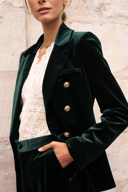 Double-Breasted Velvet Jacket With Gold Buttons Bottle Green