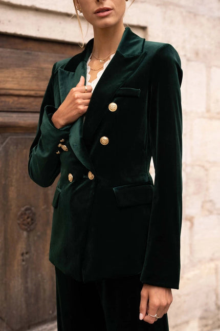 Double-Breasted Velvet Jacket With Gold Buttons Bottle Green