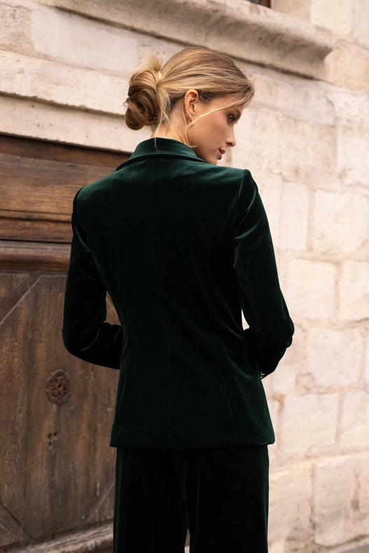 Double-Breasted Velvet Jacket With Gold Buttons Bottle Green