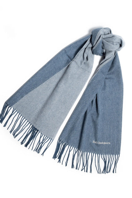 Double Face Cashmere Scarf with Fringes  Blue And Cream