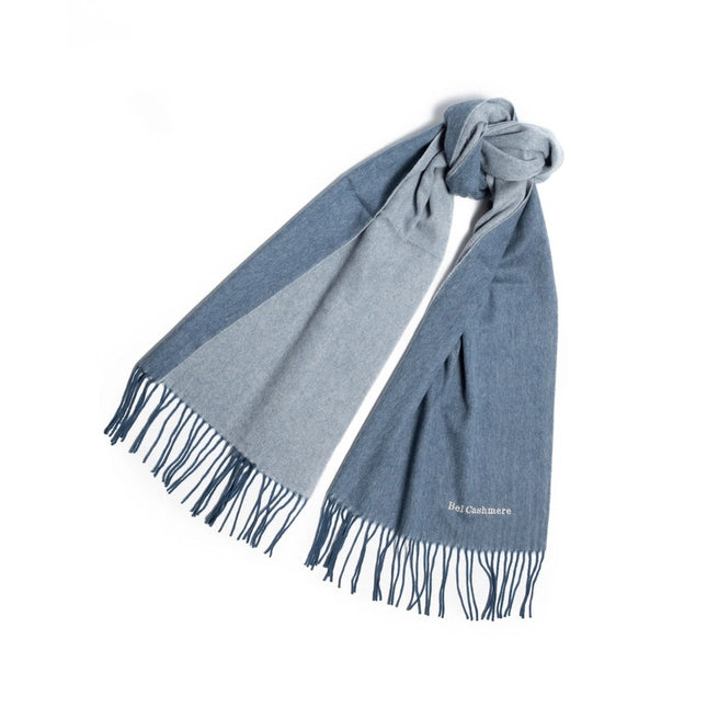 Double Face Cashmere Scarf with Fringes  Blue And Cream