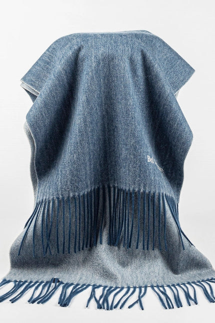 Double Face Cashmere Scarf with Fringes  Blue And Cream