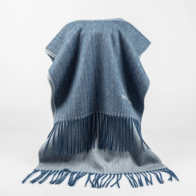 Double Face Cashmere Scarf with Fringes  Blue And Cream