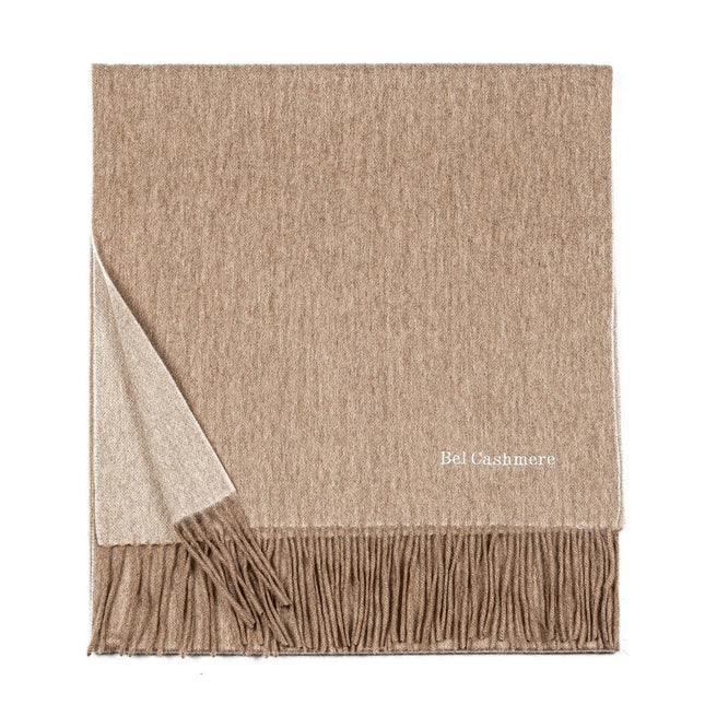 Double Face Cashmere Scarf with Fringes  Organic Brown And Cream