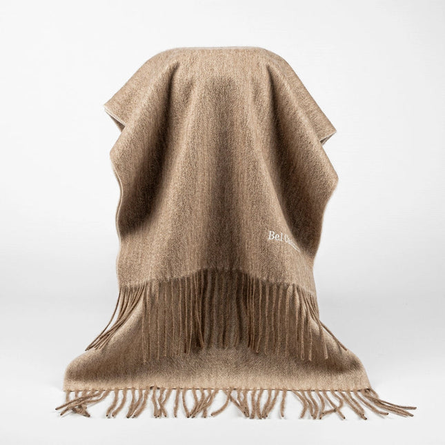 Double Face Cashmere Scarf with Fringes  Organic Brown And Cream