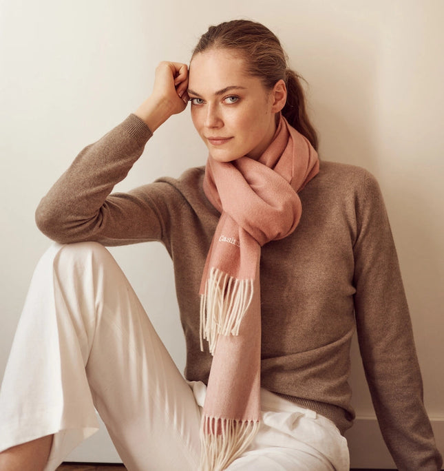 Double Face Cashmere Scarf with Fringes Pink And Cream