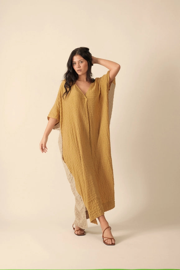 Double V- Neck Pullover Dress-Dress-amente-XS/S-Mustard/Beige-Urbanheer