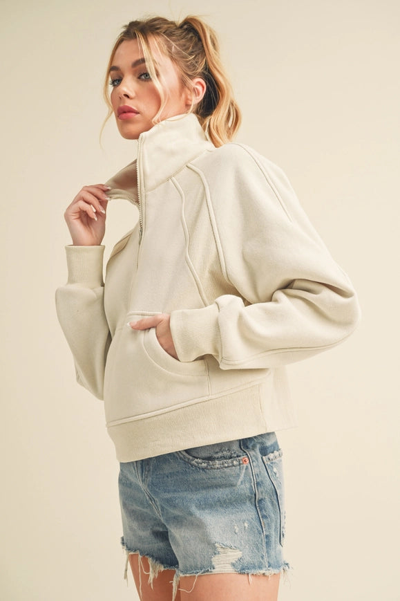 Dove Funnel Neck Half Zip Bone-Hoodie-AEMI + CO-Urbanheer