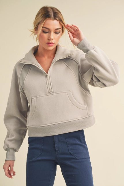 Dove Funnel Neck Half Zip Cement-Hoodie-AEMI + CO-S-Urbanheer