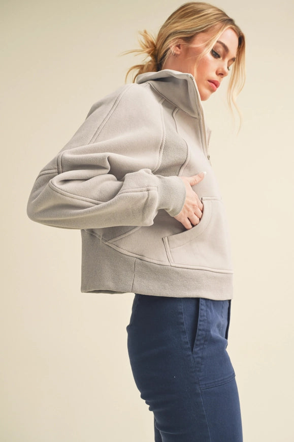 Dove Funnel Neck Half Zip Cement-Hoodie-AEMI + CO-Urbanheer