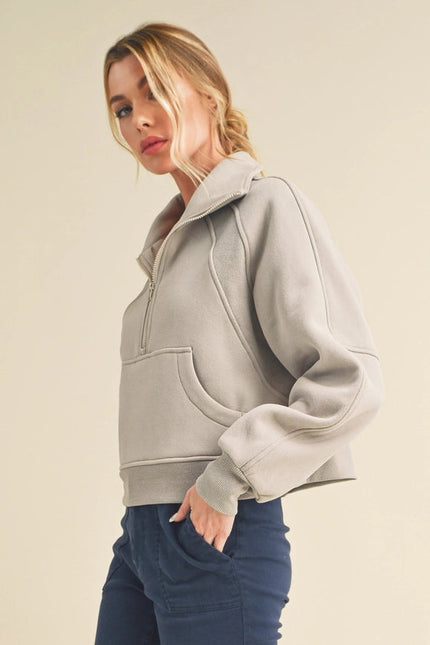 Dove Funnel Neck Half Zip Cement-Hoodie-AEMI + CO-Urbanheer