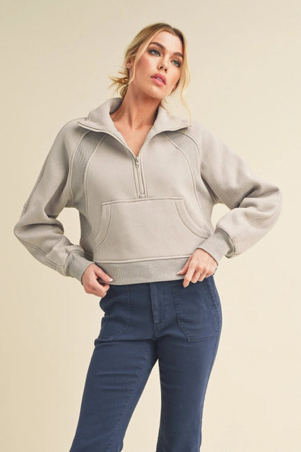 Dove Funnel Neck Half Zip Cement-Hoodie-AEMI + CO-Urbanheer