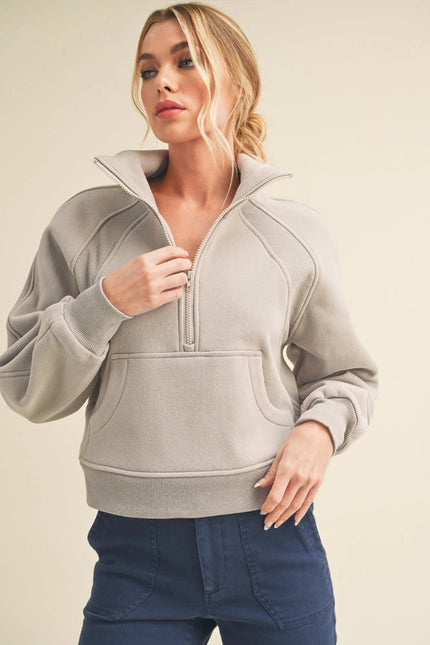 Dove Funnel Neck Half Zip Cement-Hoodie-AEMI + CO-Urbanheer