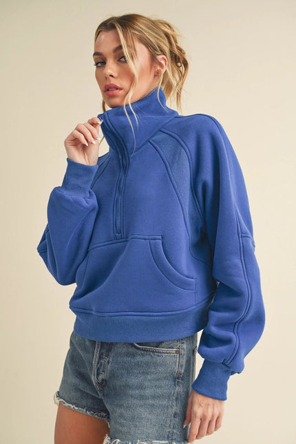 Dove Funnel Neck Half Zip Cobalt-Hoodie-AEMI + CO-S-Urbanheer