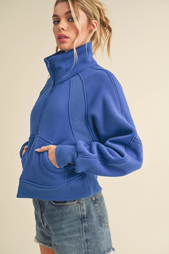 Dove Funnel Neck Half Zip Cobalt-Hoodie-AEMI + CO-Urbanheer